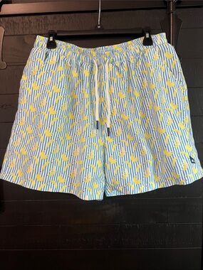 Men's Blue & Yellow Patterned Swim Trunks with Elastic Waist